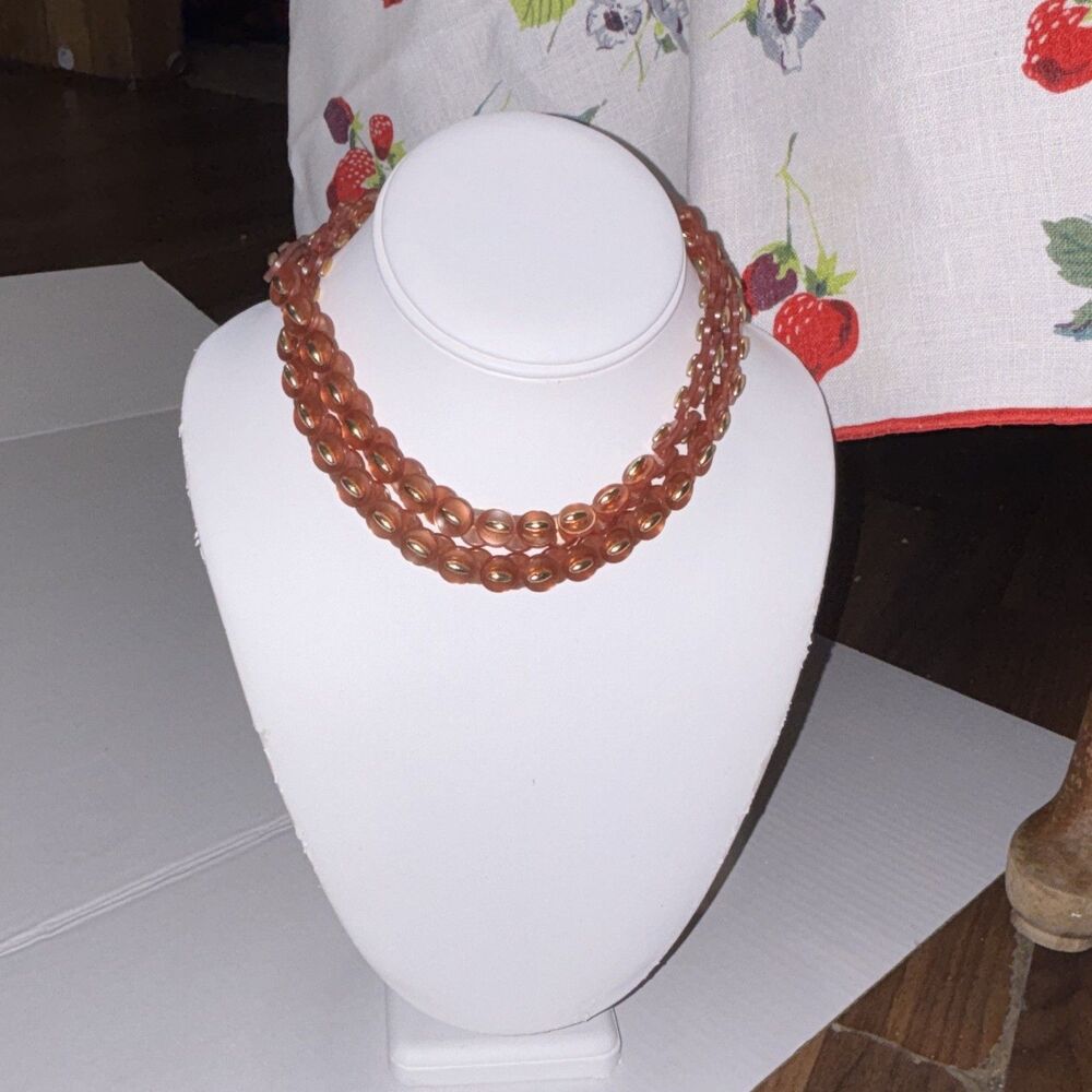 Vintage Moonglow Button Necklace Peachy Pink Coral Iridescent Disc Link